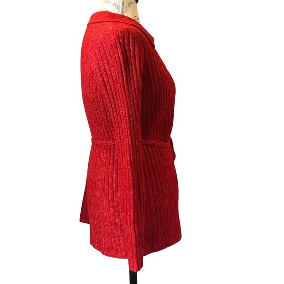 ASOS Design Cardigan Sweater Womens 8 Red Shimmer Open Front Belted Ribbed Knit - Picture 5 of 8
